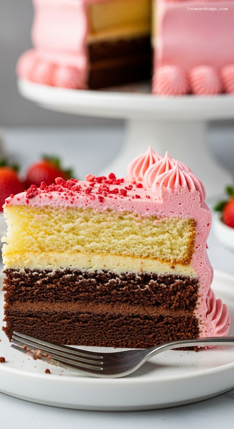 Neapolitan Layer Cake With Chocolate, Vanilla, and Strawberry – Closeup