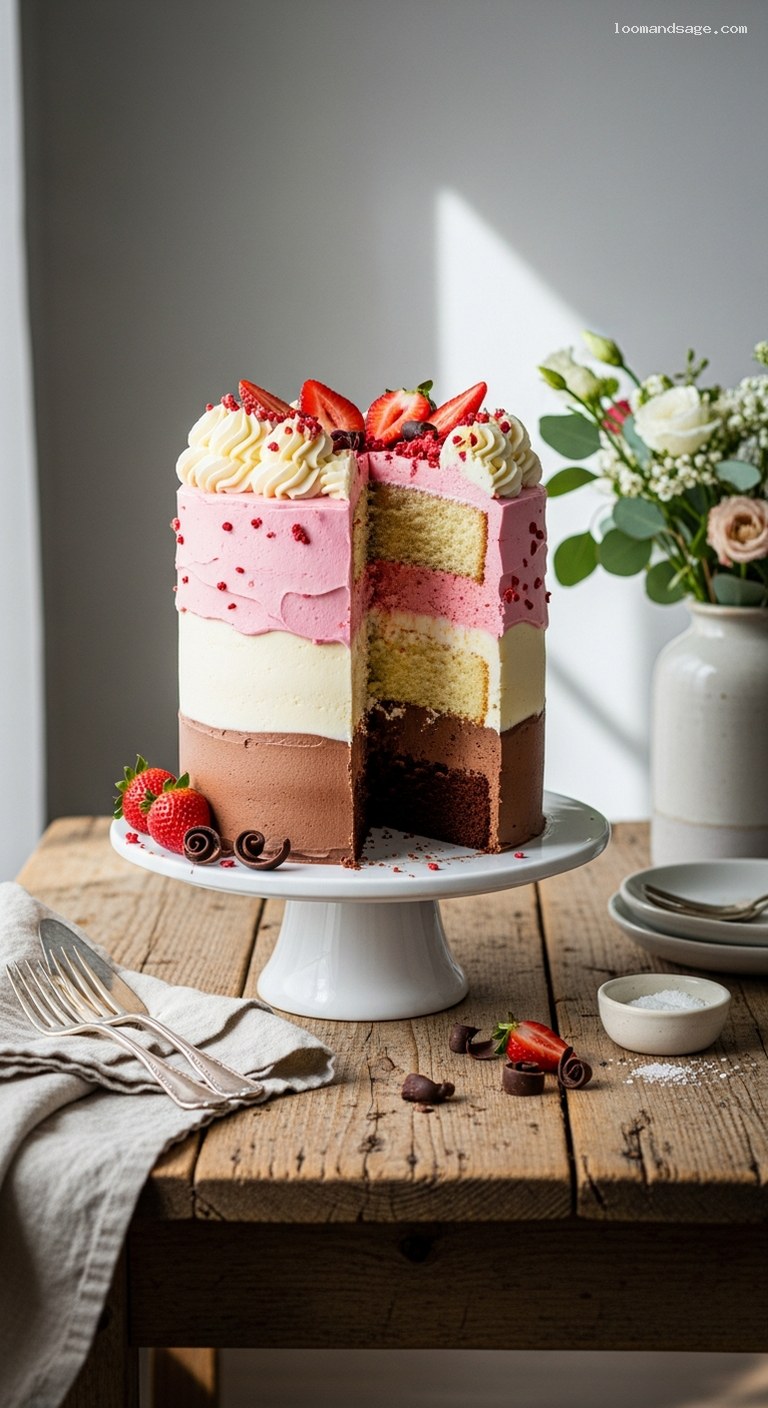 Neapolitan Layer Cake With Chocolate, Vanilla, and Strawberry