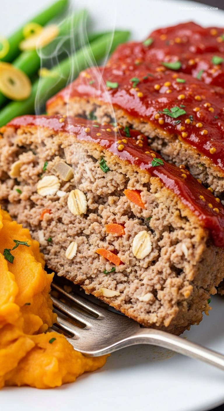Oaty Turkey Meatloaf with Tangy Tomato-Mustard Glaze – Closeup