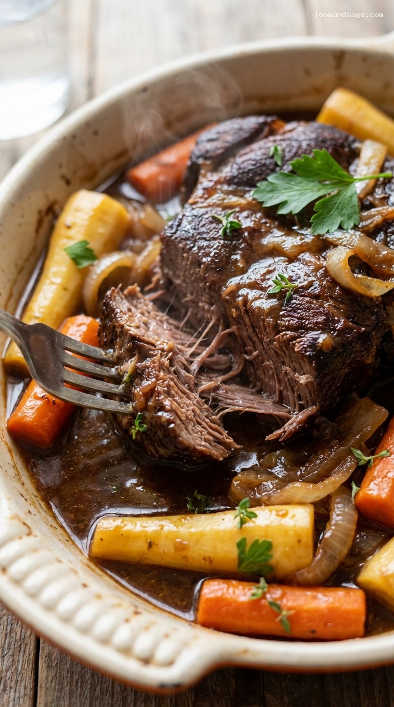 Old-Fashioned Pot Roast With Root Vegetables and Gravy – Closeup