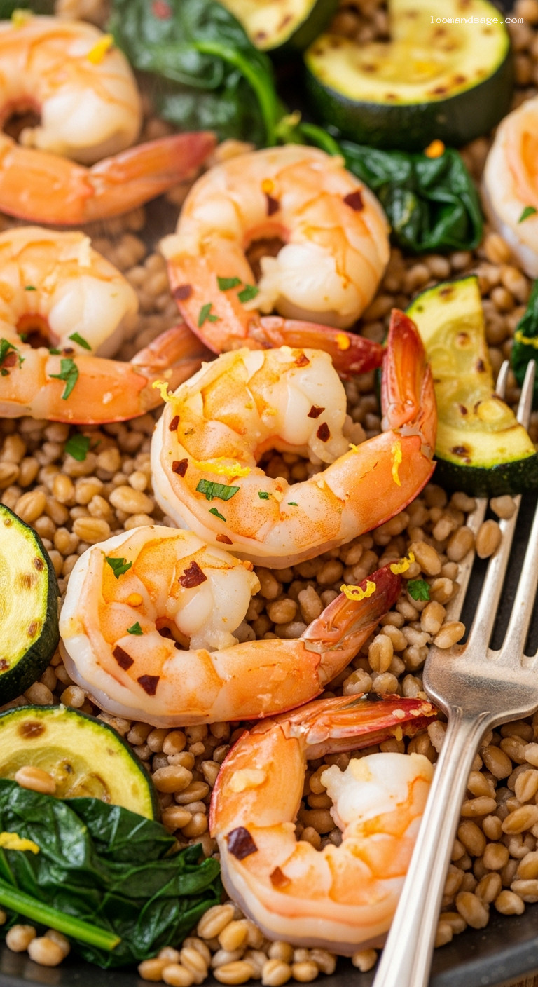 One-Pan Lemon-Garlic Shrimp and Farro with Zucchini – Closeup