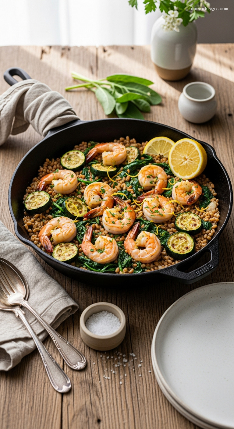 One-Pan Lemon-Garlic Shrimp and Farro with Zucchini