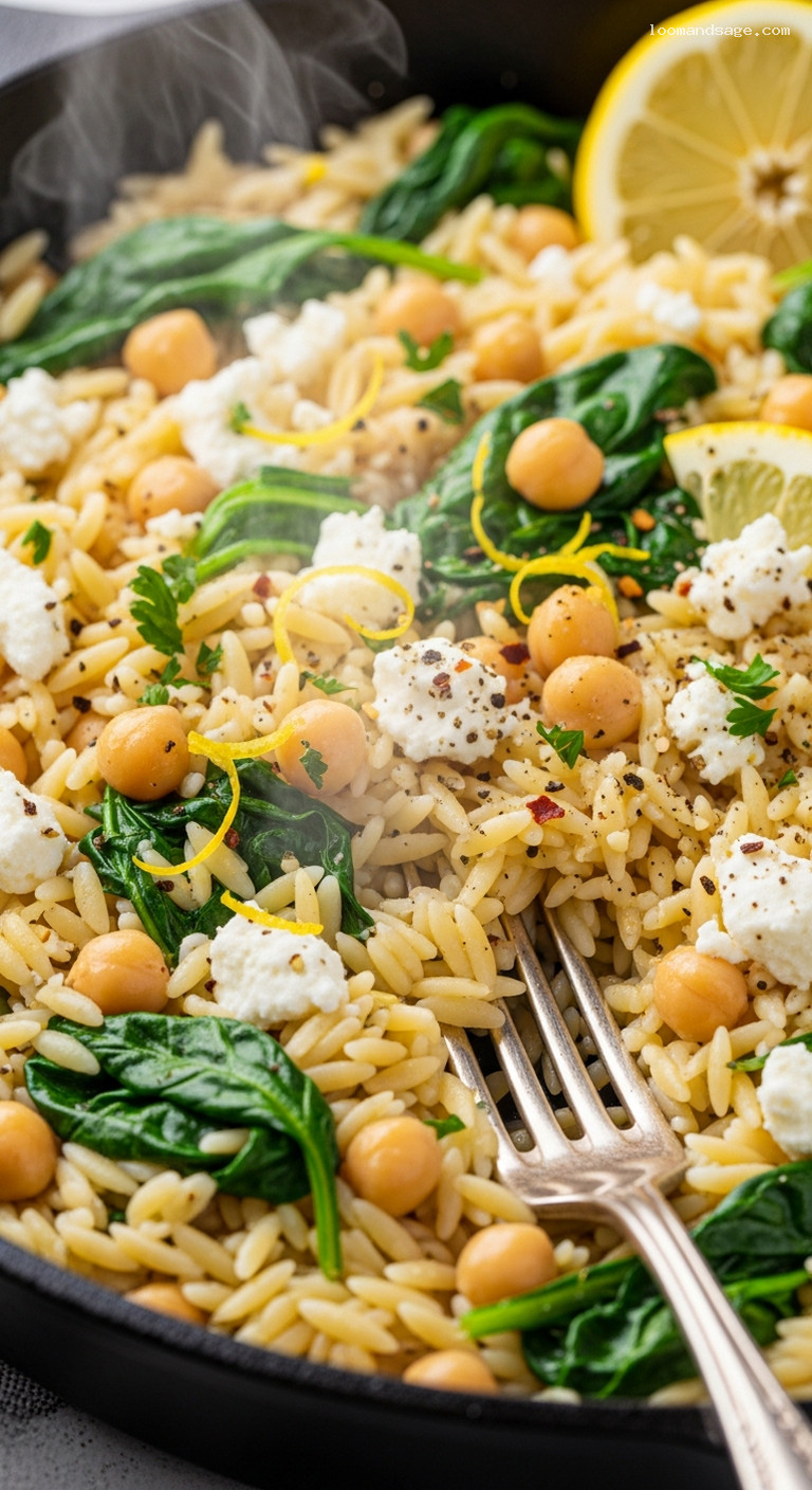 One-Pan Lemon Orzo with Spinach and Chickpeas – Closeup