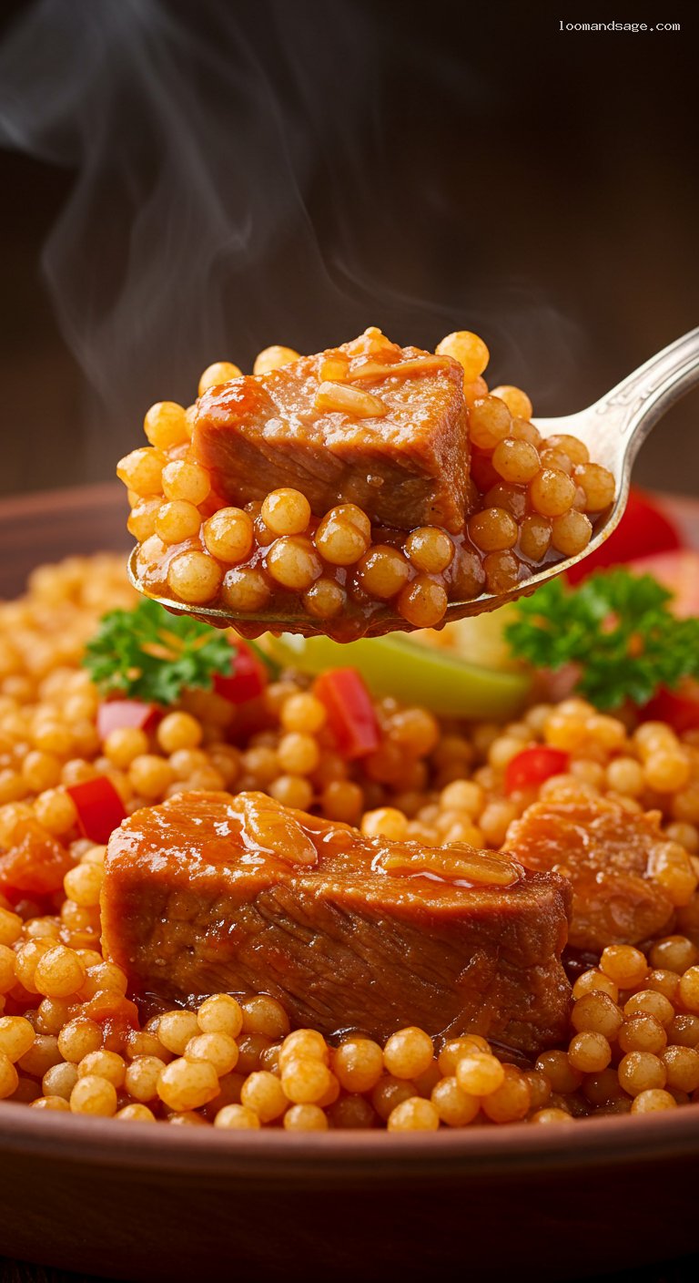 One-Pot Tarhonyás Hús with Toasted Egg Barley – Closeup
