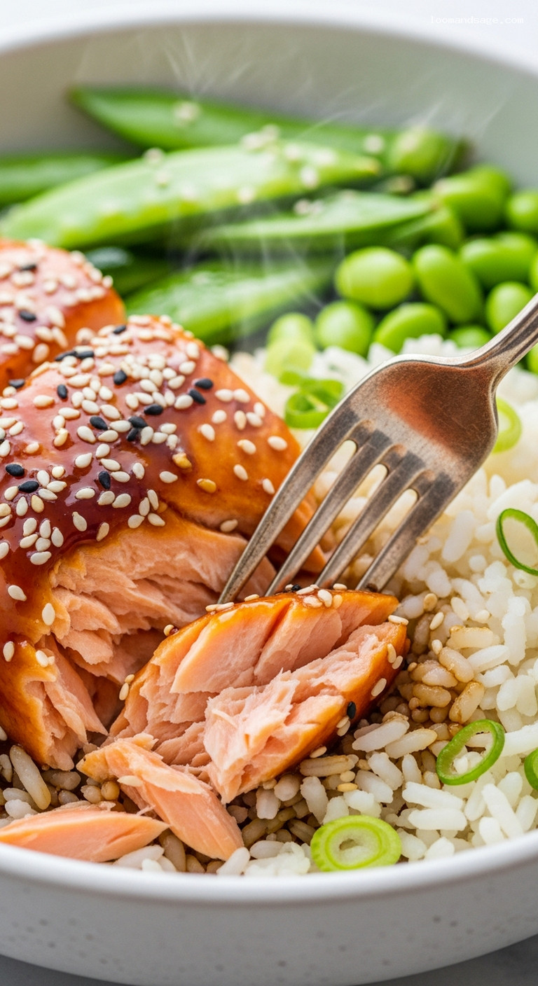 Oven-Baked Teriyaki Salmon Rice Bowls – Closeup