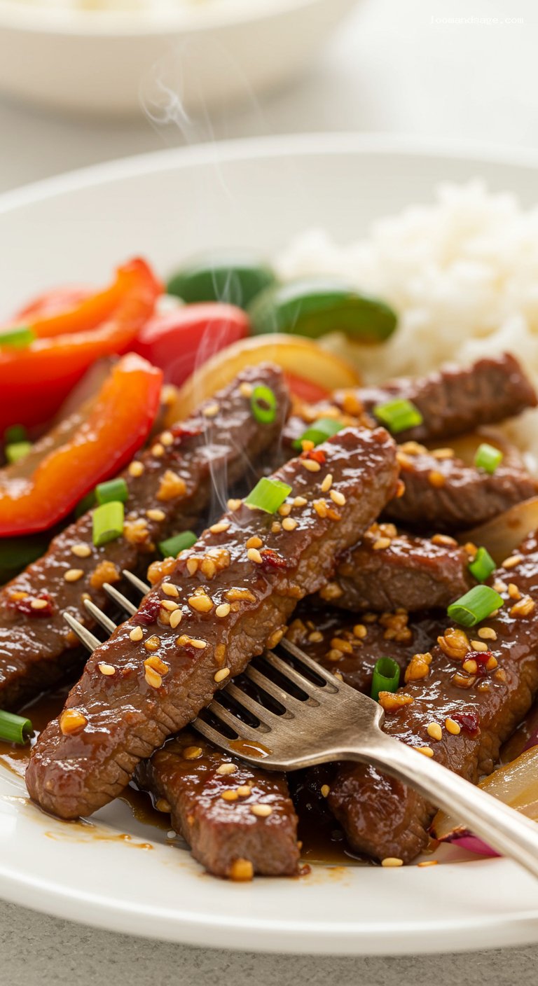 Panda Express-Style Beijing Beef with Peppers and Onions – Closeup