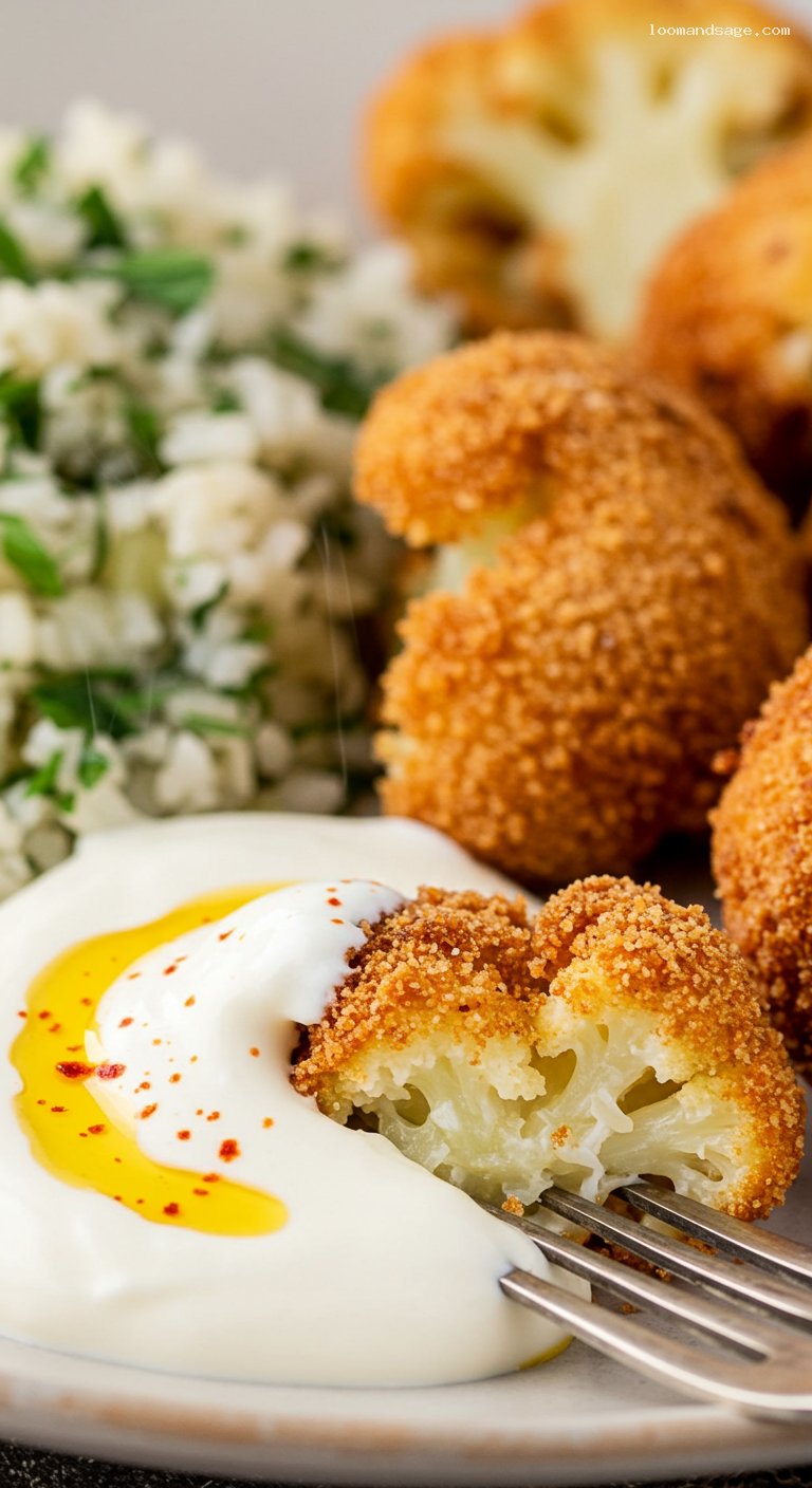 Paprika-Rántott Karfiol with Herbed Rice and Garlicky Tejföl Dip – Closeup