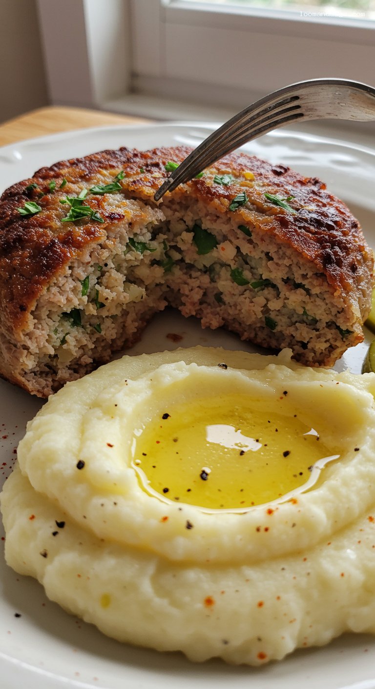 Paprika-Spiked Hungarian Meat Patties with Buttery Mash and Pickles – Closeup