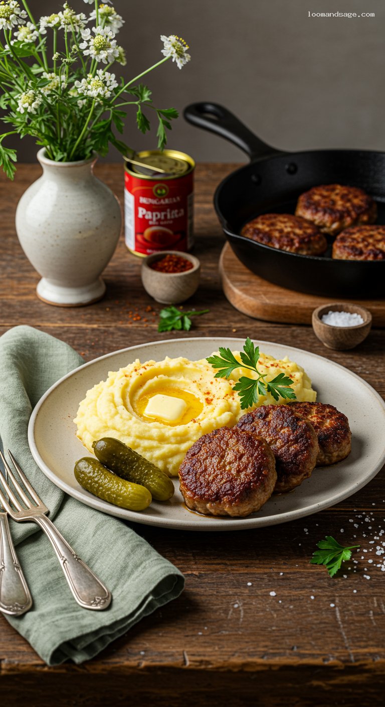 Paprika-Spiked Hungarian Meat Patties with Buttery Mash and Pickles