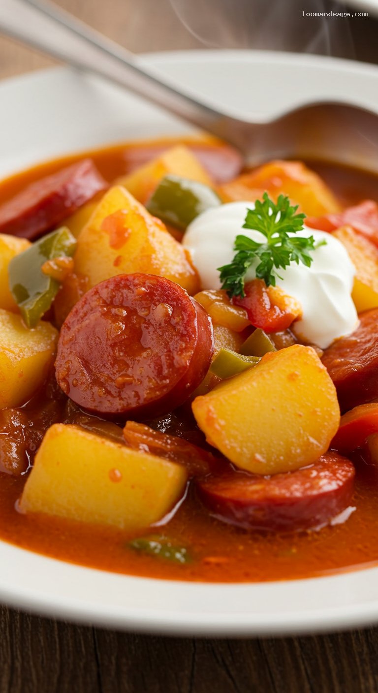 Paprikás Krumpli with Smoky Kolbász and Peppers – Closeup