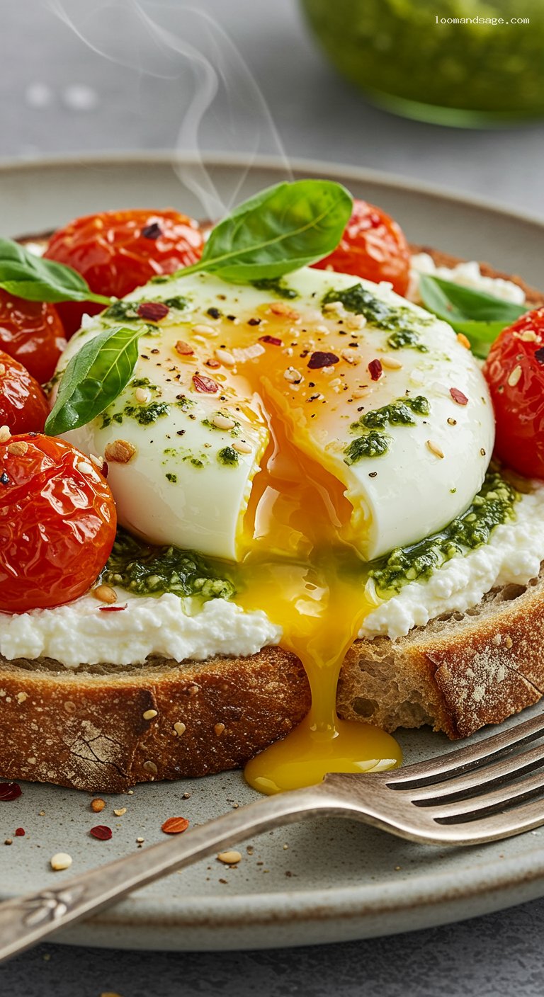 Pesto Eggs on Ricotta Toast with Chili Crunch – Closeup