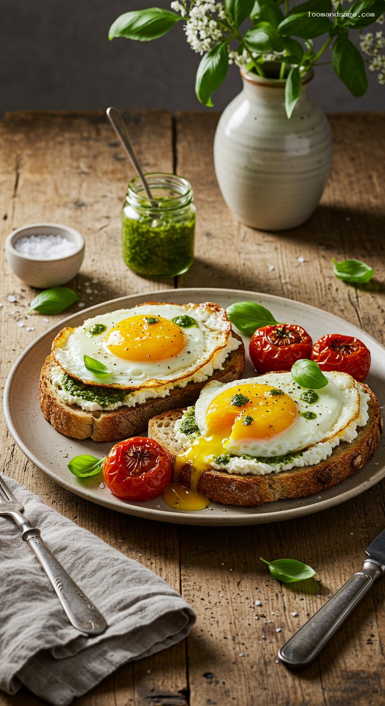 Pesto Eggs on Ricotta Toast with Chili Crunch