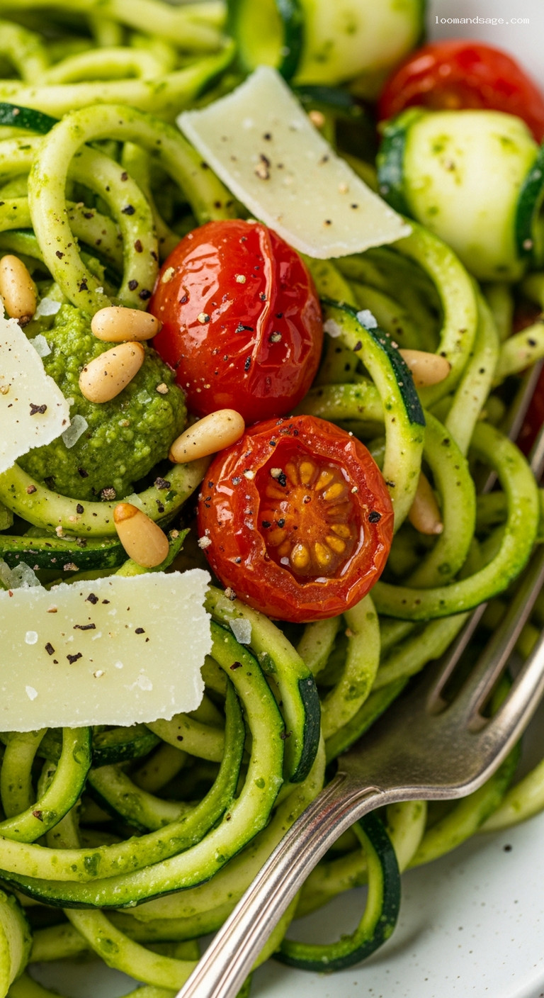 Pesto Zucchini Noodles with Cherry Tomatoes – Closeup