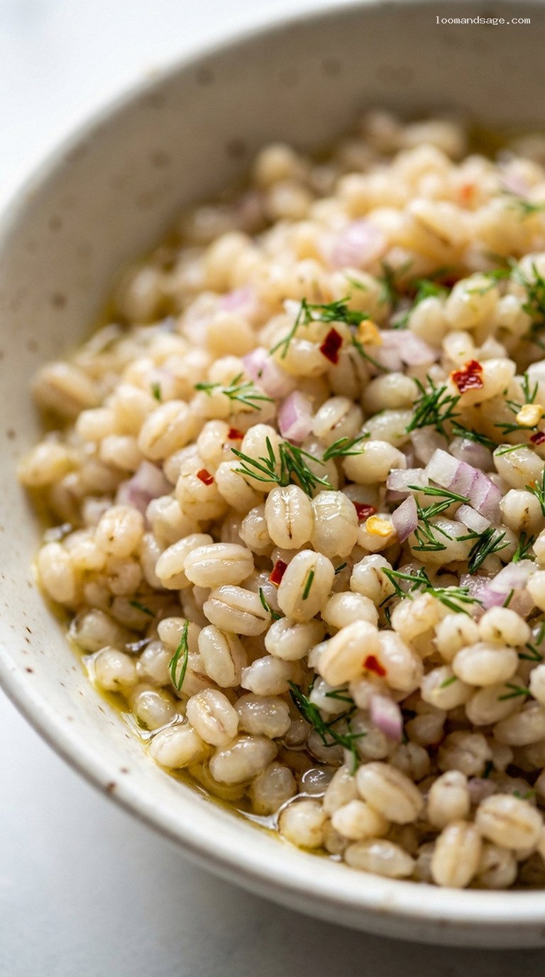Pickled Pearl Barley with Dill and Shallots – Closeup
