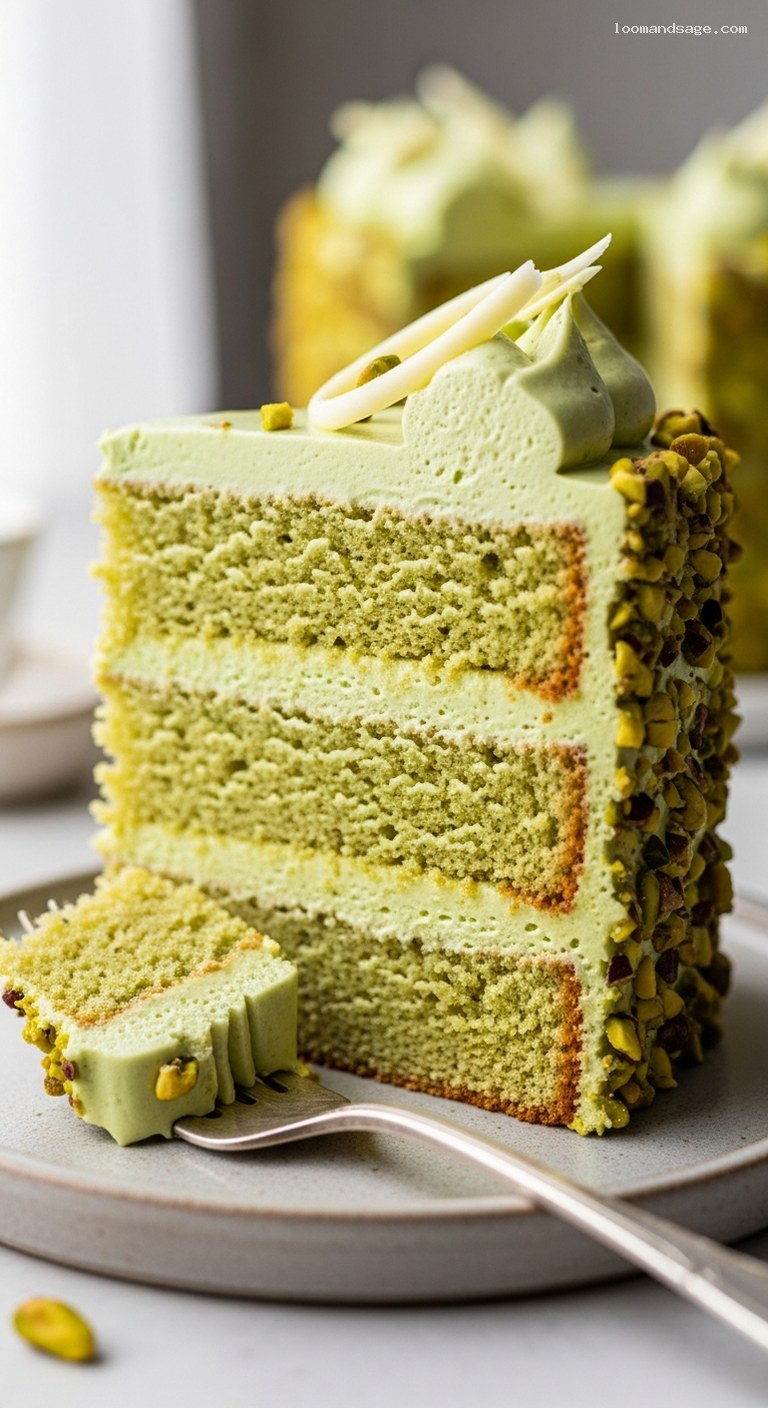 Pistachio Layer Cake With Pistachio Buttercream Frosting – Closeup