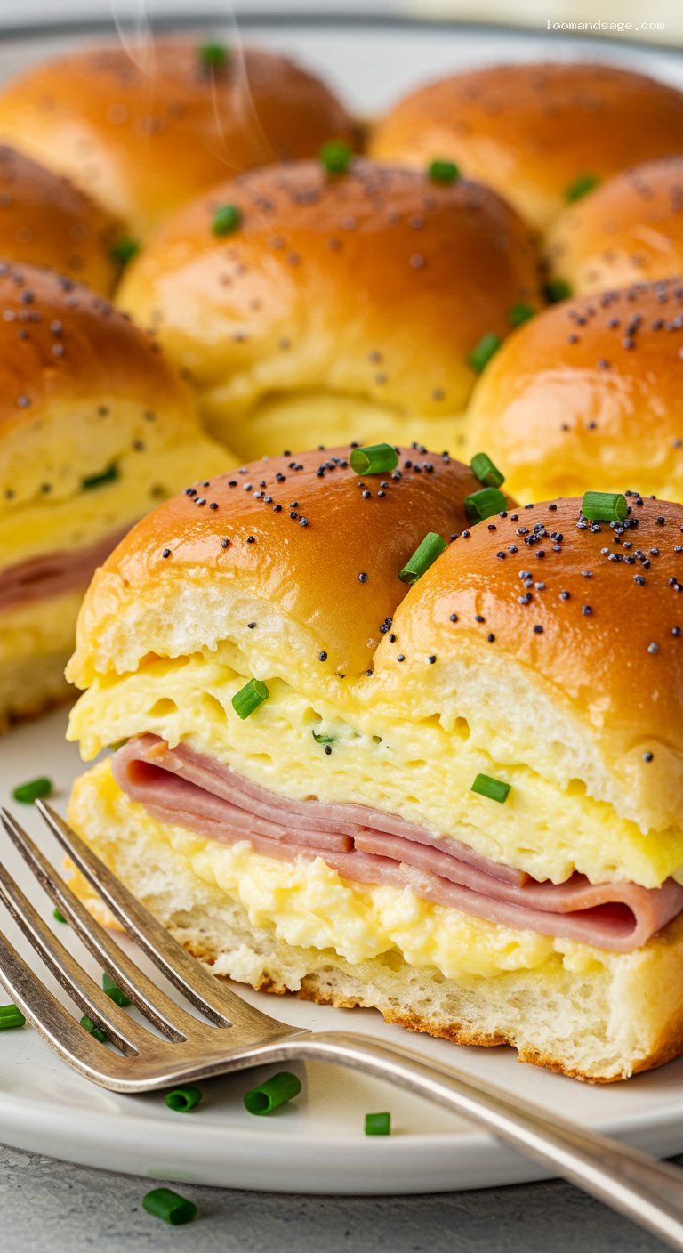 Poppy-Seed Ham, Egg & Swiss Breakfast Sliders – Closeup