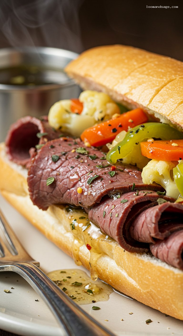 Portillo’s-Style Italian Beef Sandwiches with Giardiniera – Closeup