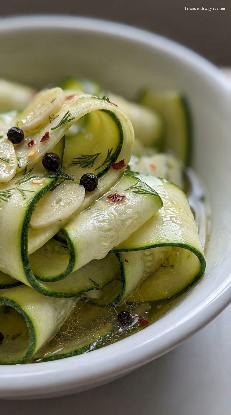 Quick Pickled Zucchini Ribbons with Garlic and Dill – Closeup