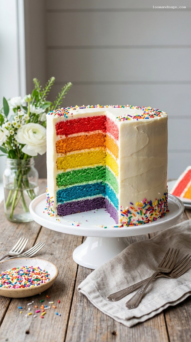 Rainbow Layer Cake With Vanilla Buttercream and Sprinkles