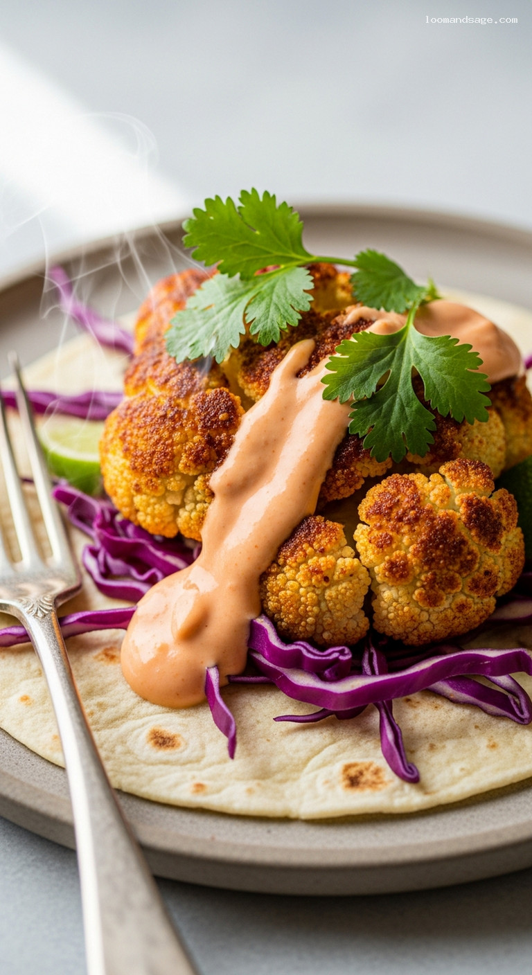 Roasted Cauliflower Tacos with Chipotle Crema – Closeup