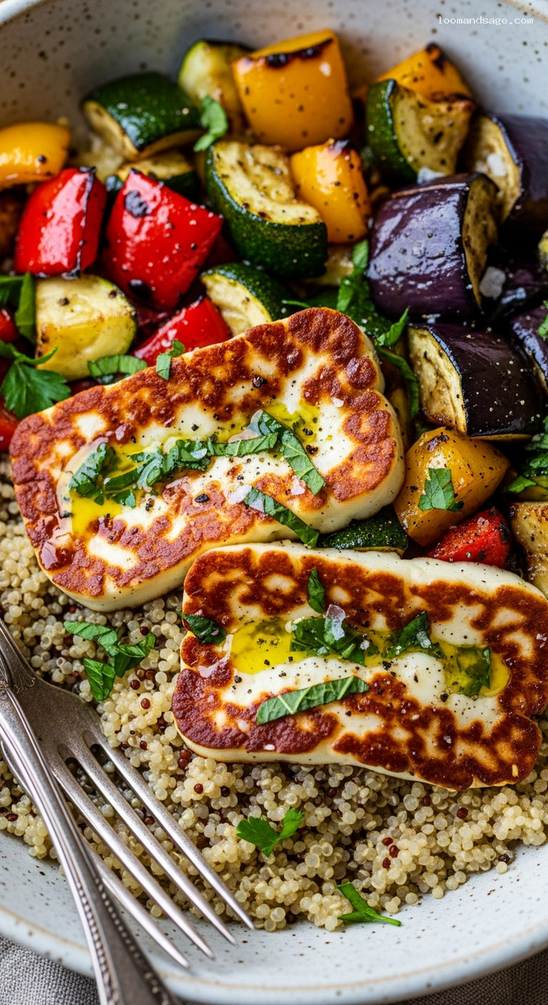Roasted Veggie and Halloumi Quinoa Bowl – Closeup