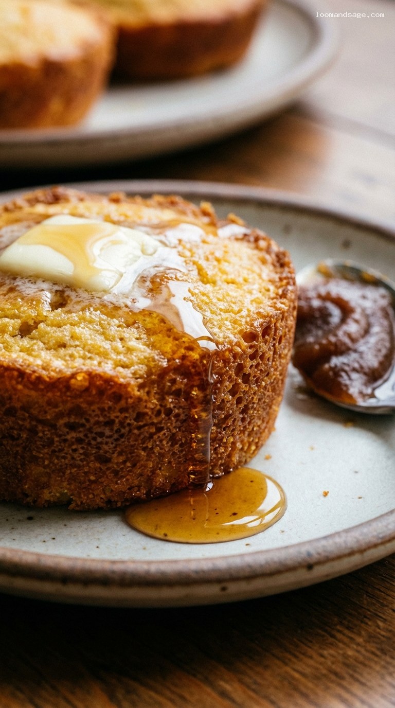 Rustic Cornmeal Hoe Cakes with Butter and Syrup – Closeup