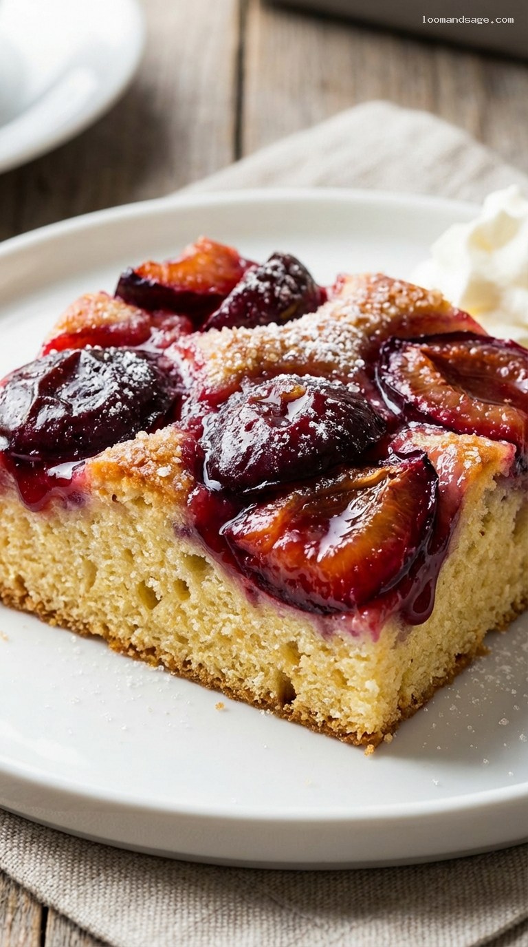 Rustic Plum Kuchen with Jammy Baked Fruit – Closeup
