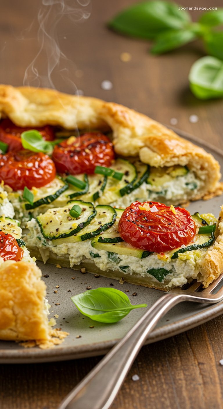 Rustic Summer Vegetable Galette with Herbed Ricotta – Closeup