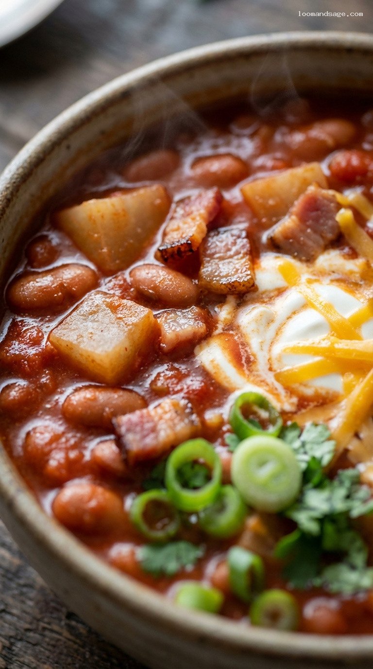 Rustic Turnip and Smoked Bacon Pinto Bean Chili – Closeup