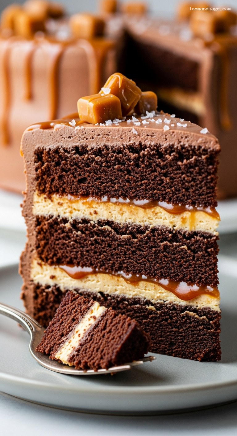 Salted Caramel Chocolate Layer Cake with Buttercream – Closeup