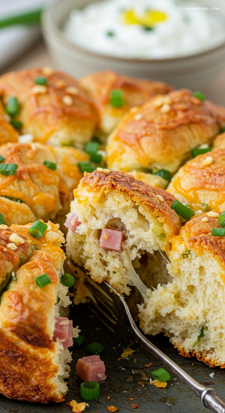 Savory Cheddar Scallion Monkey Bread with Herbed Yogurt Dip – Closeup