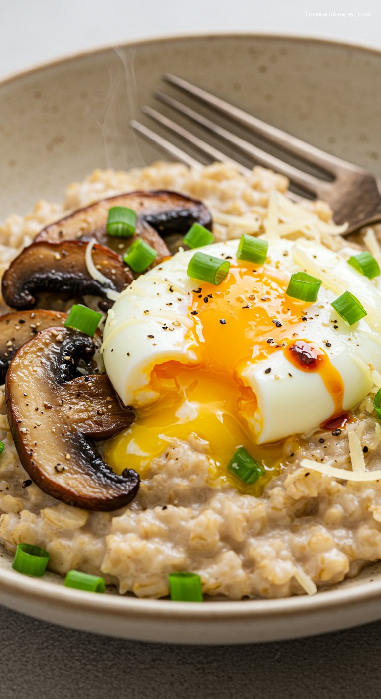 Savory Mushroom Parmesan Oatmeal with Soft Egg and Chili Oil – Closeup