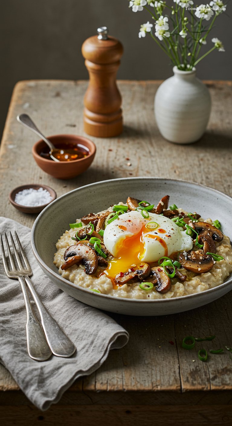 Savory Mushroom Parmesan Oatmeal with Soft Egg and Chili Oil