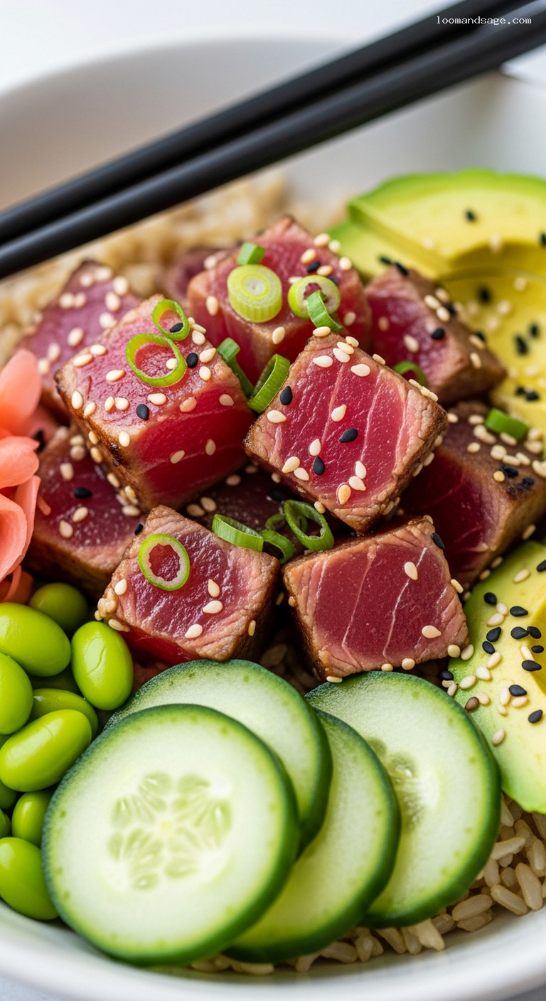 Seared Tuna Poke Bowl with Brown Rice – Closeup