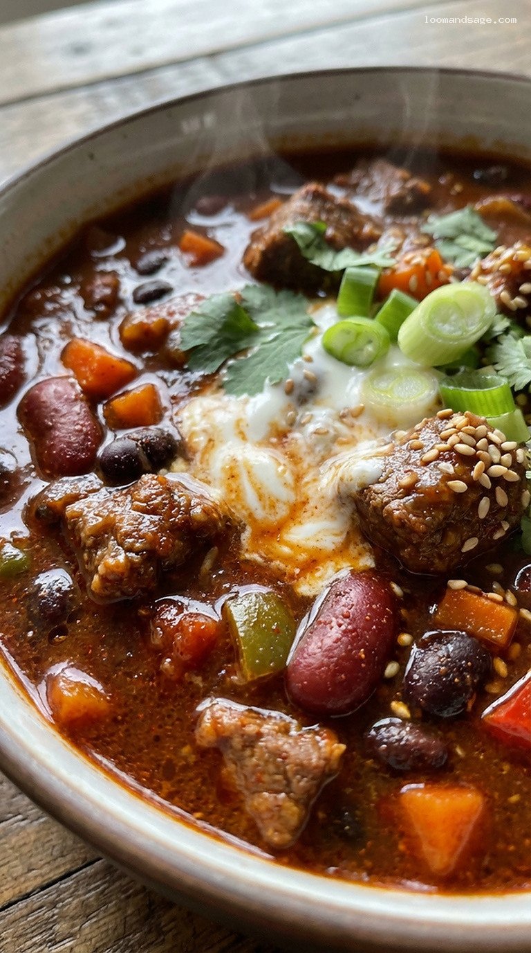 Sesame Ginger Beef Chili With Asian Flair – Closeup