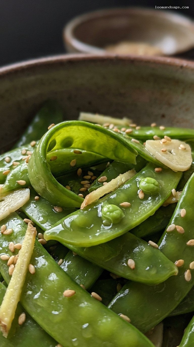 Sesame Ginger Pickled Snow Peas With Rice Vinegar – Closeup