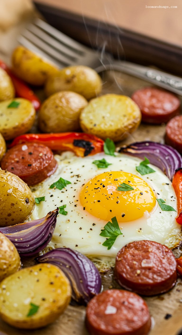 Sheet-Pan Brunch with Sausage, Eggs, and Veggies – Closeup