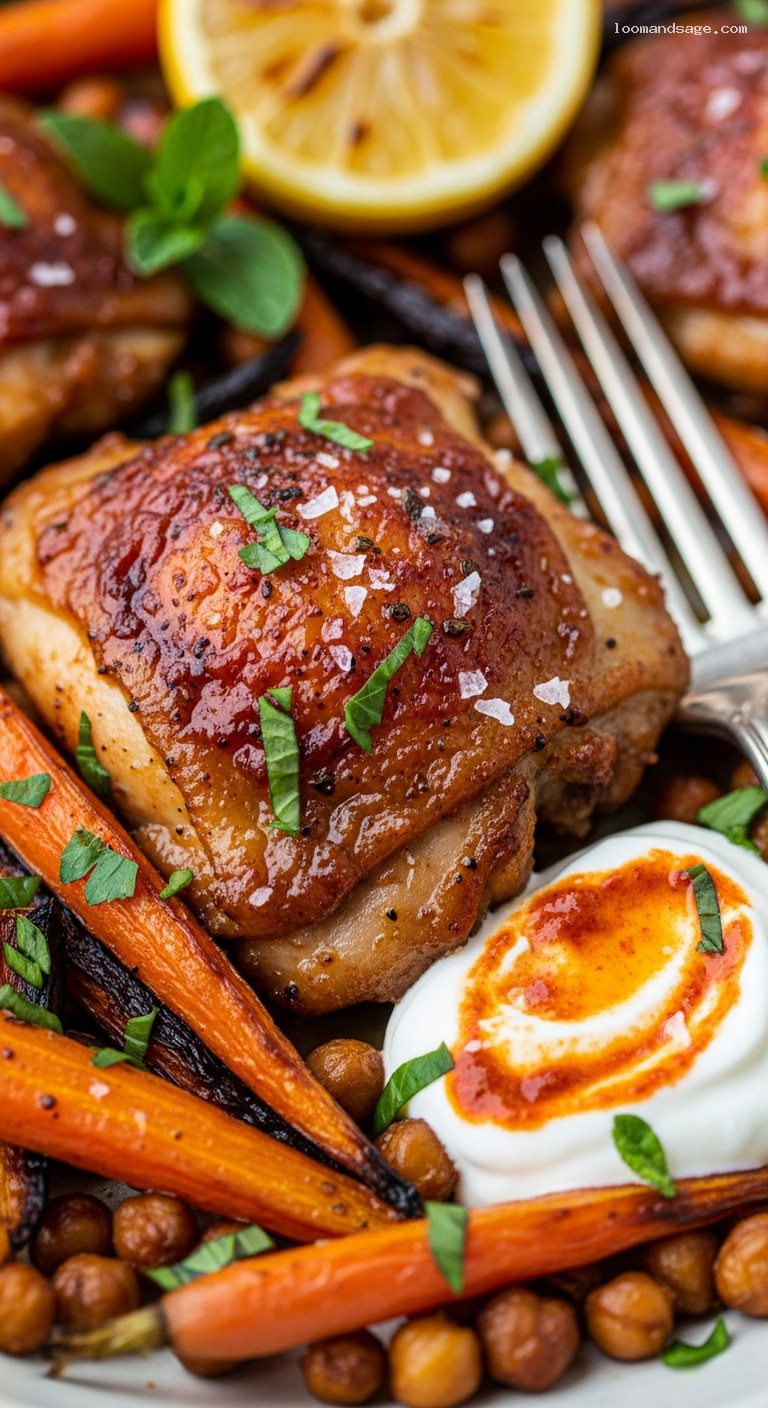 Sheet-Pan Harissa Chicken with Carrots and Chickpeas – Closeup