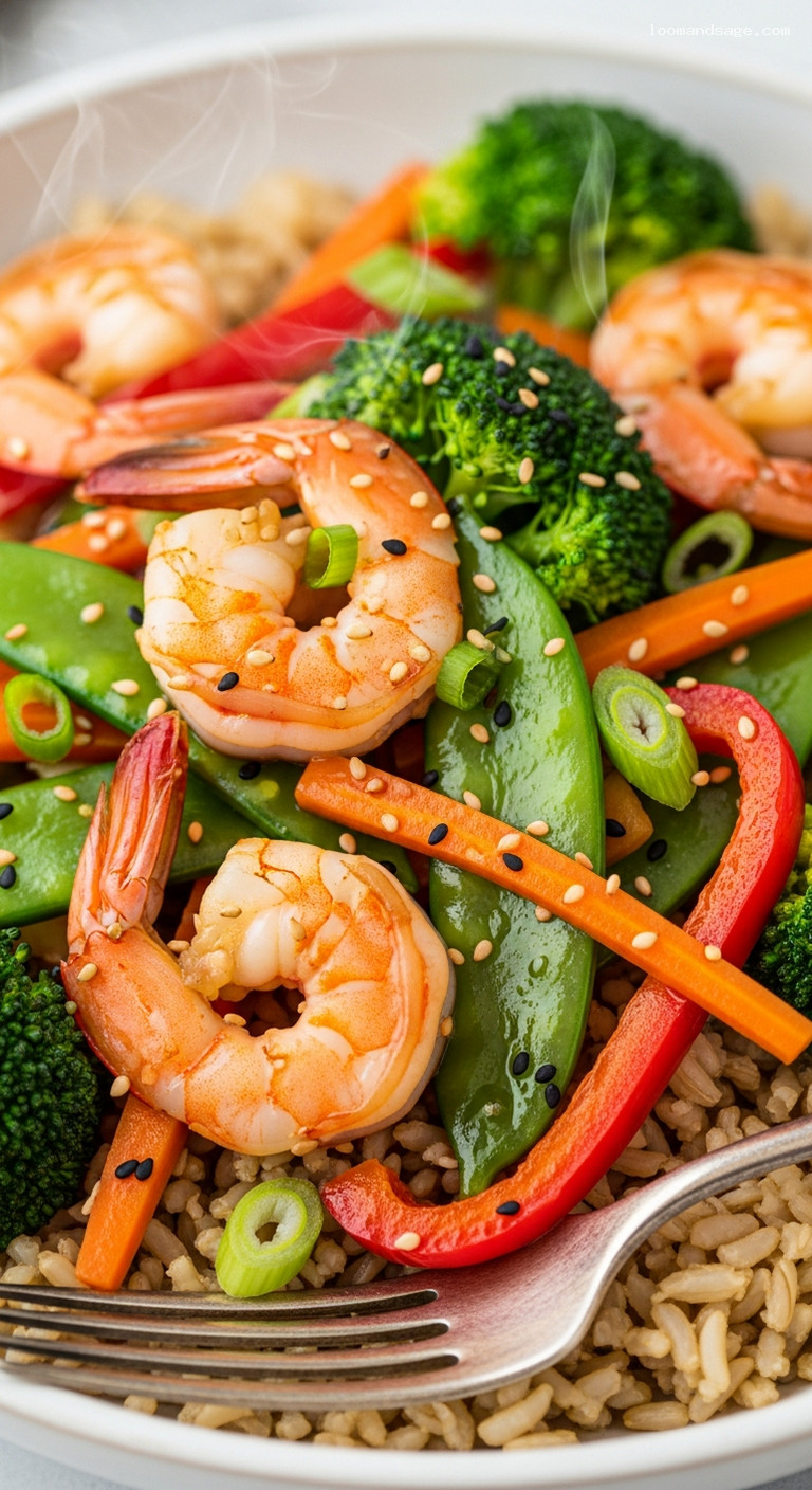 Shrimp and Veggie Stir-Fry with Brown Rice – Closeup