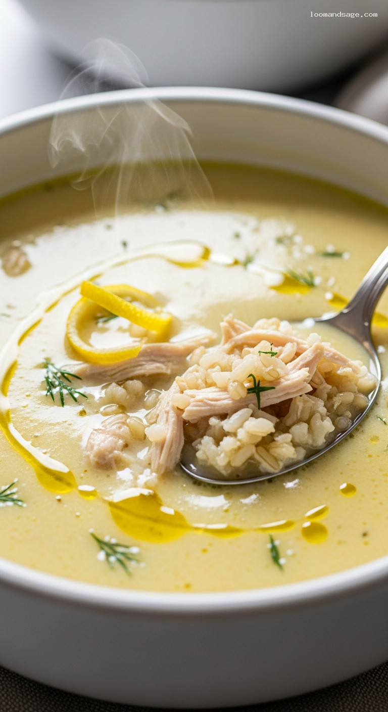Silky Greek Lemon Chicken Soup (Avgolemono) – Closeup