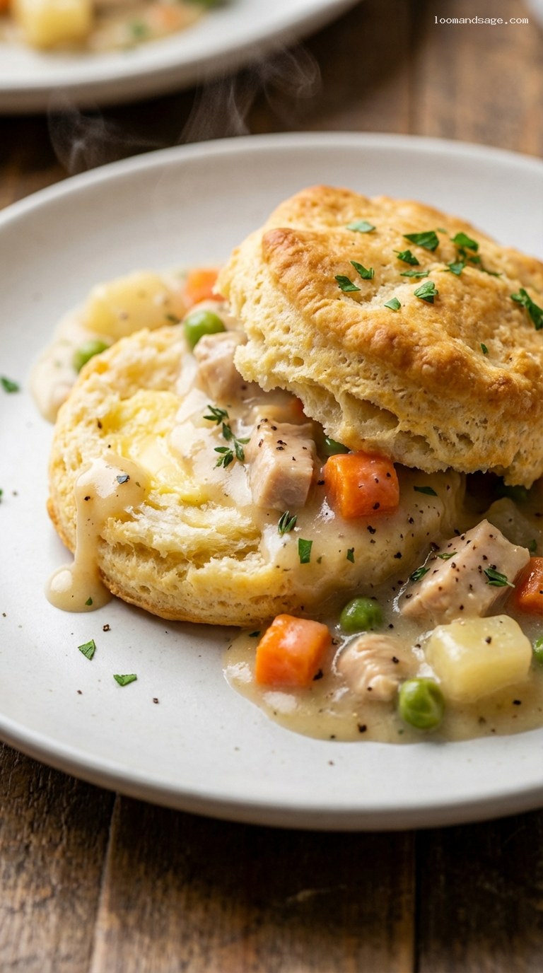 Skillet Chicken Pot Pie With Flaky Biscuit Topping – Closeup