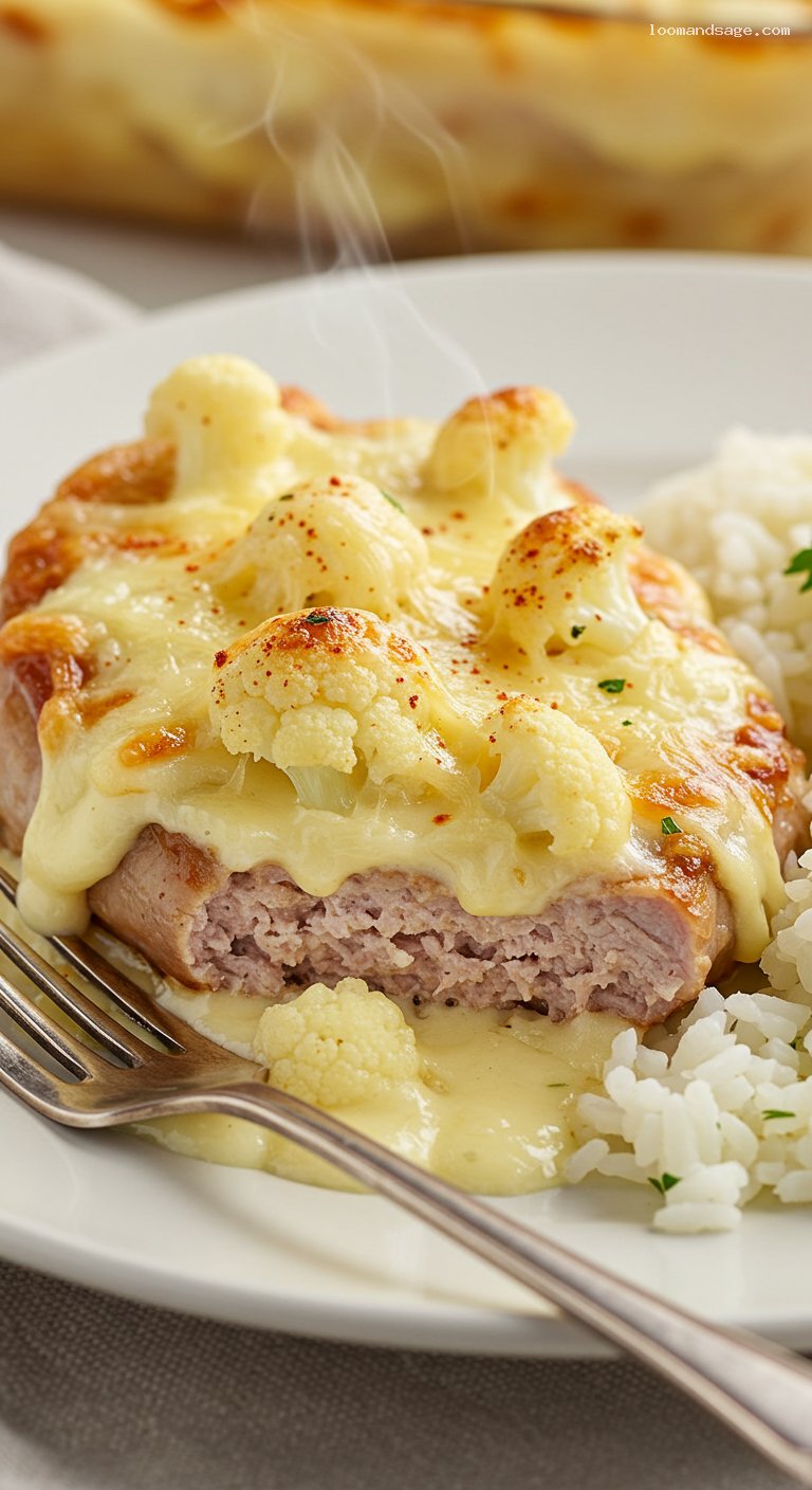 Skillet Dubarry Pork Cutlets with Cauliflower and Cheese Béchamel – Closeup