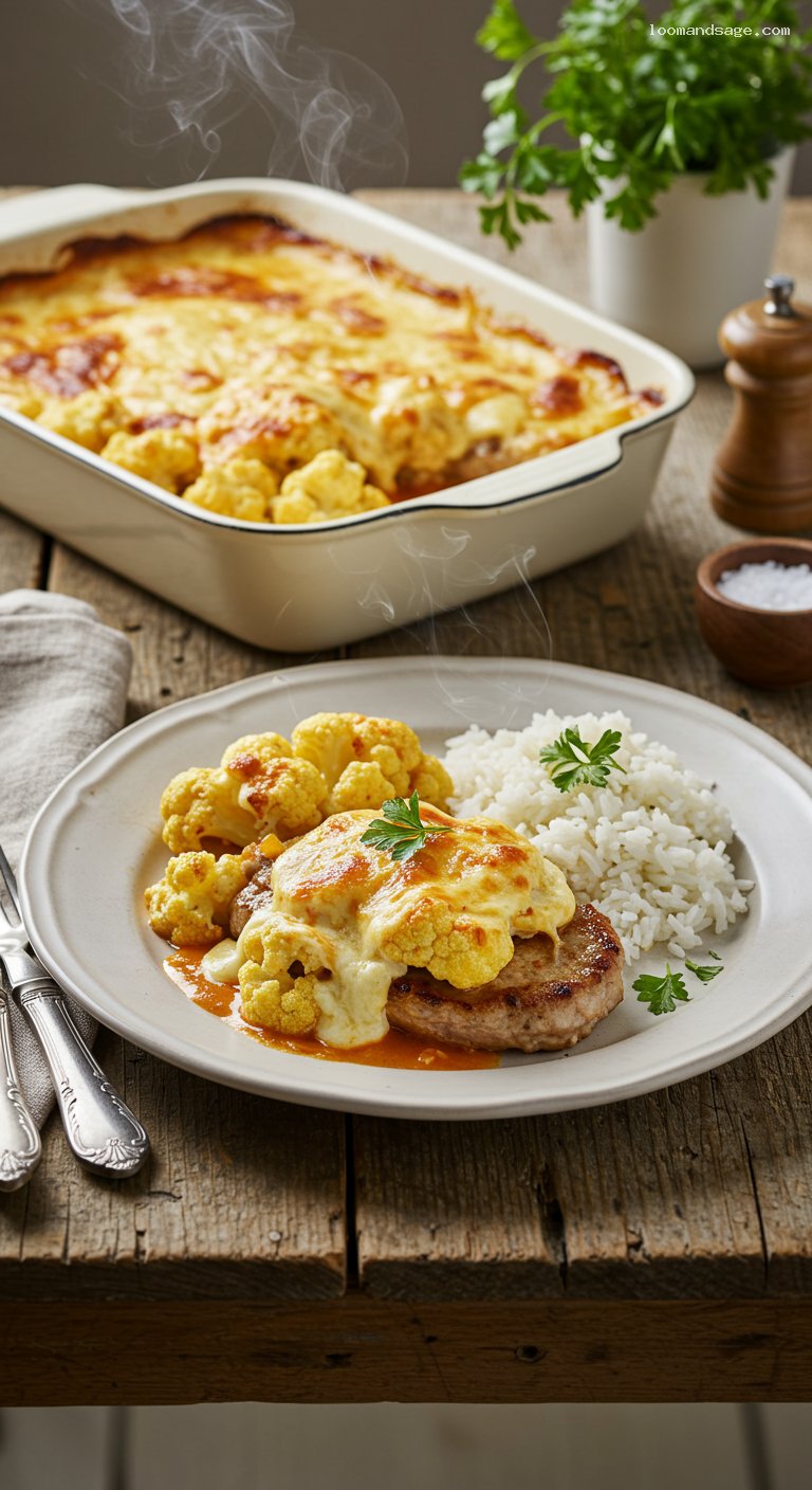 Skillet Dubarry Pork Cutlets with Cauliflower and Cheese Béchamel