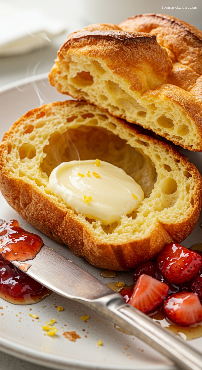 Sky-High Popovers with Whipped Honey Butter and Jam – Closeup