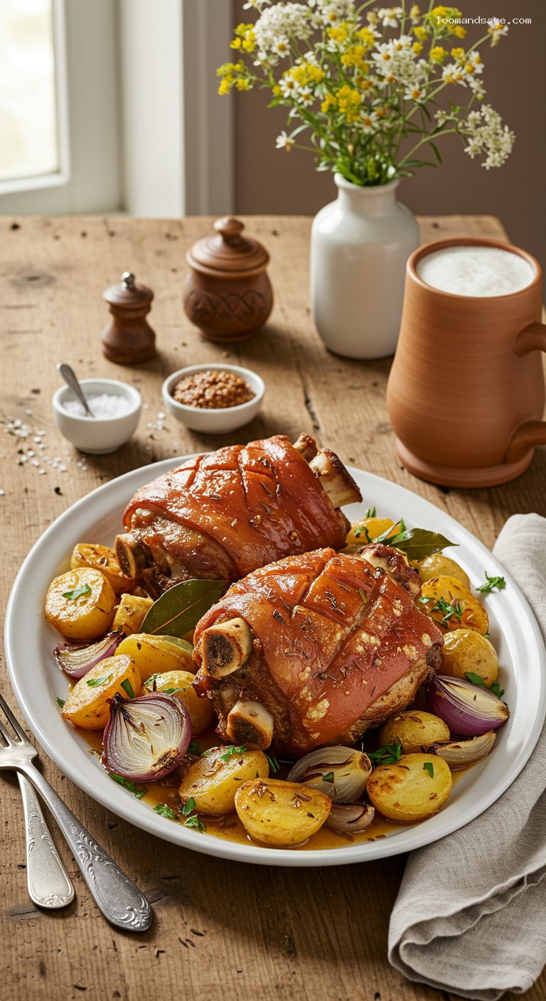 Slow-Roasted Pork Knuckle with Caramelized Onions and Potatoes