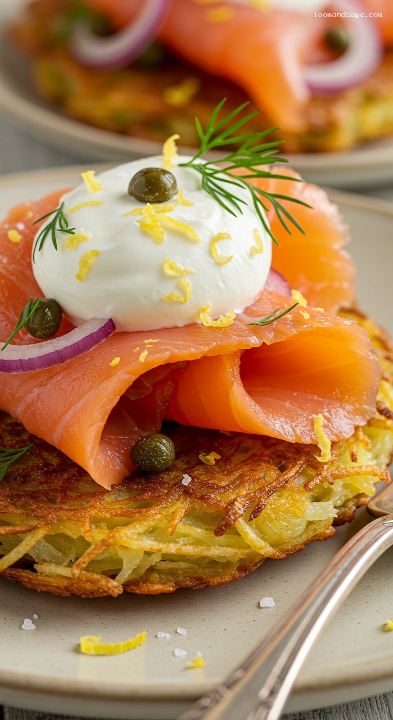 Smoked Salmon Latkes With Crème Fraîche and Dill – Closeup