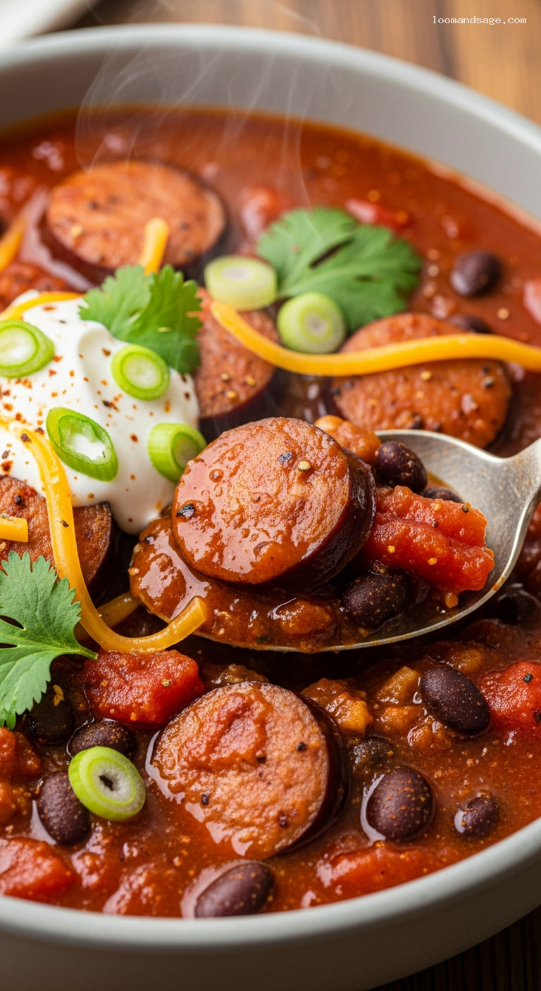 Smoky Bourbon Paprika Sausage and Black Bean Chili – Closeup