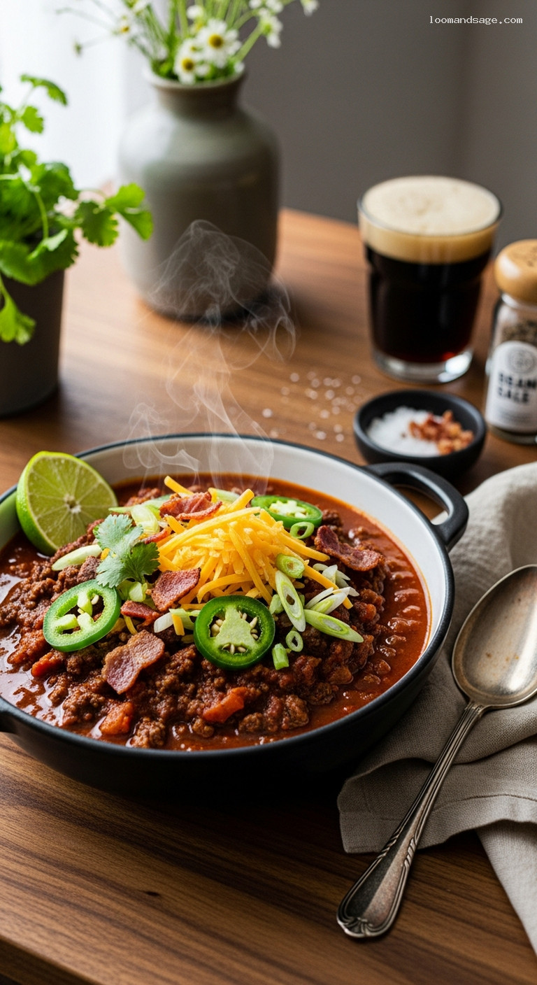 Smoky Chipotle Bacon Chili with Cheddar and Pickled Jalapeños
