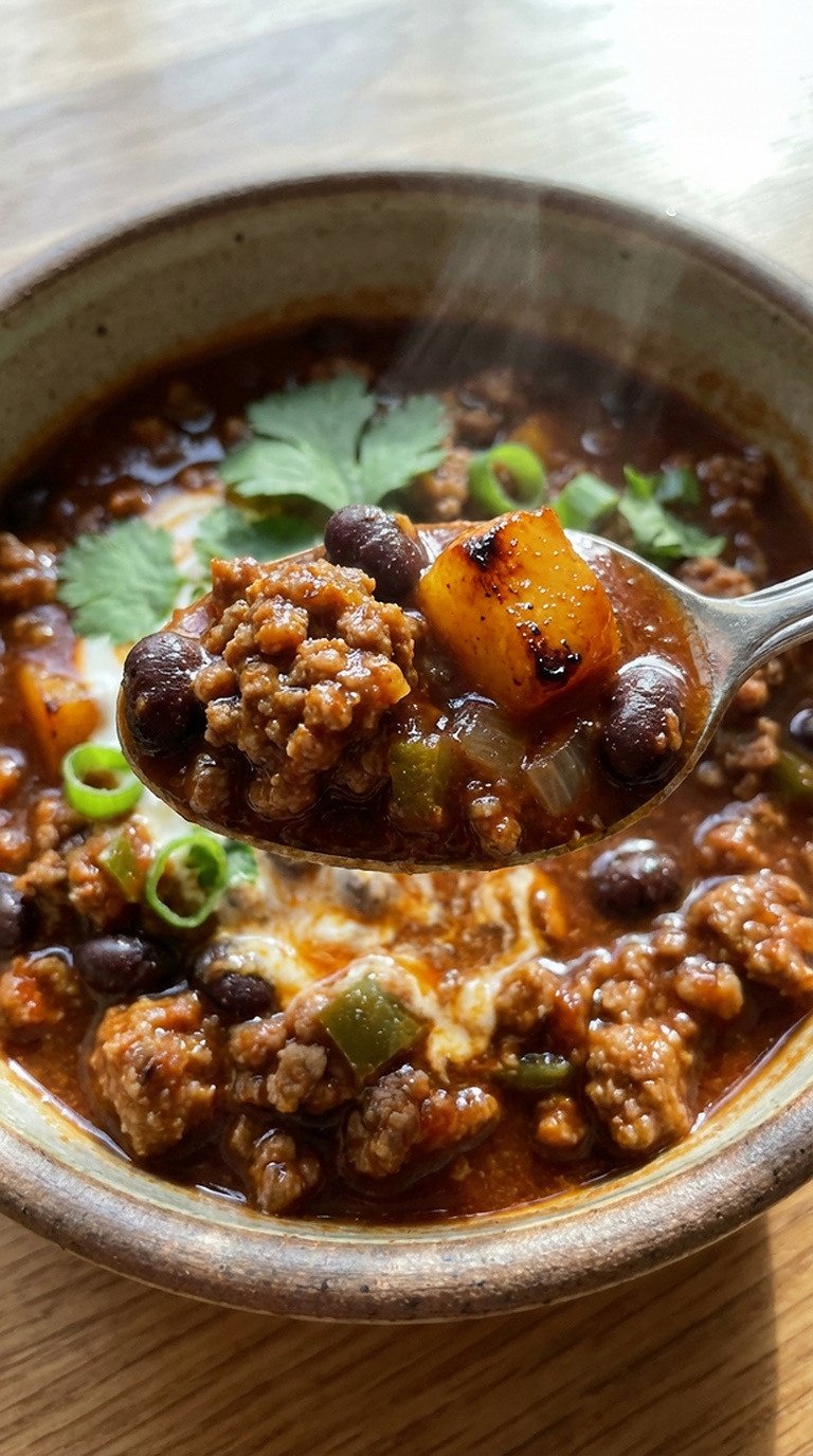 Smoky Chipotle Chili With Roasted Peaches and Black Beans – Closeup