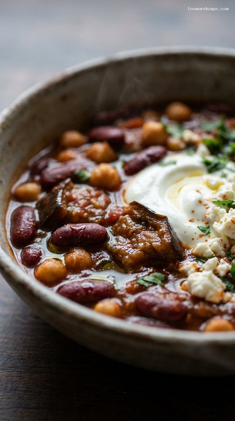 Smoky Mediterranean Fire-Roasted Eggplant Vegetarian Chili – Closeup